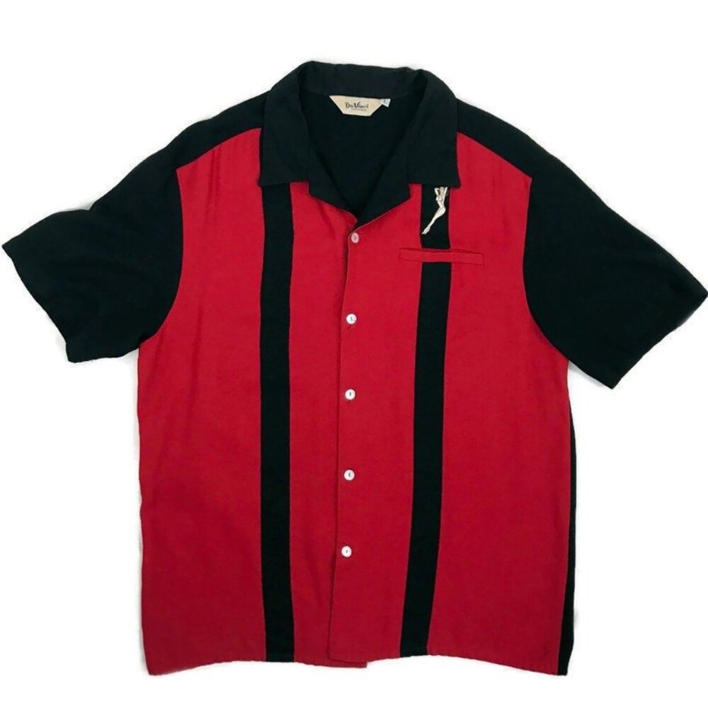 Mens Shirt DaVinci Striped Panel Bowling Embroidered Pin up Vintage